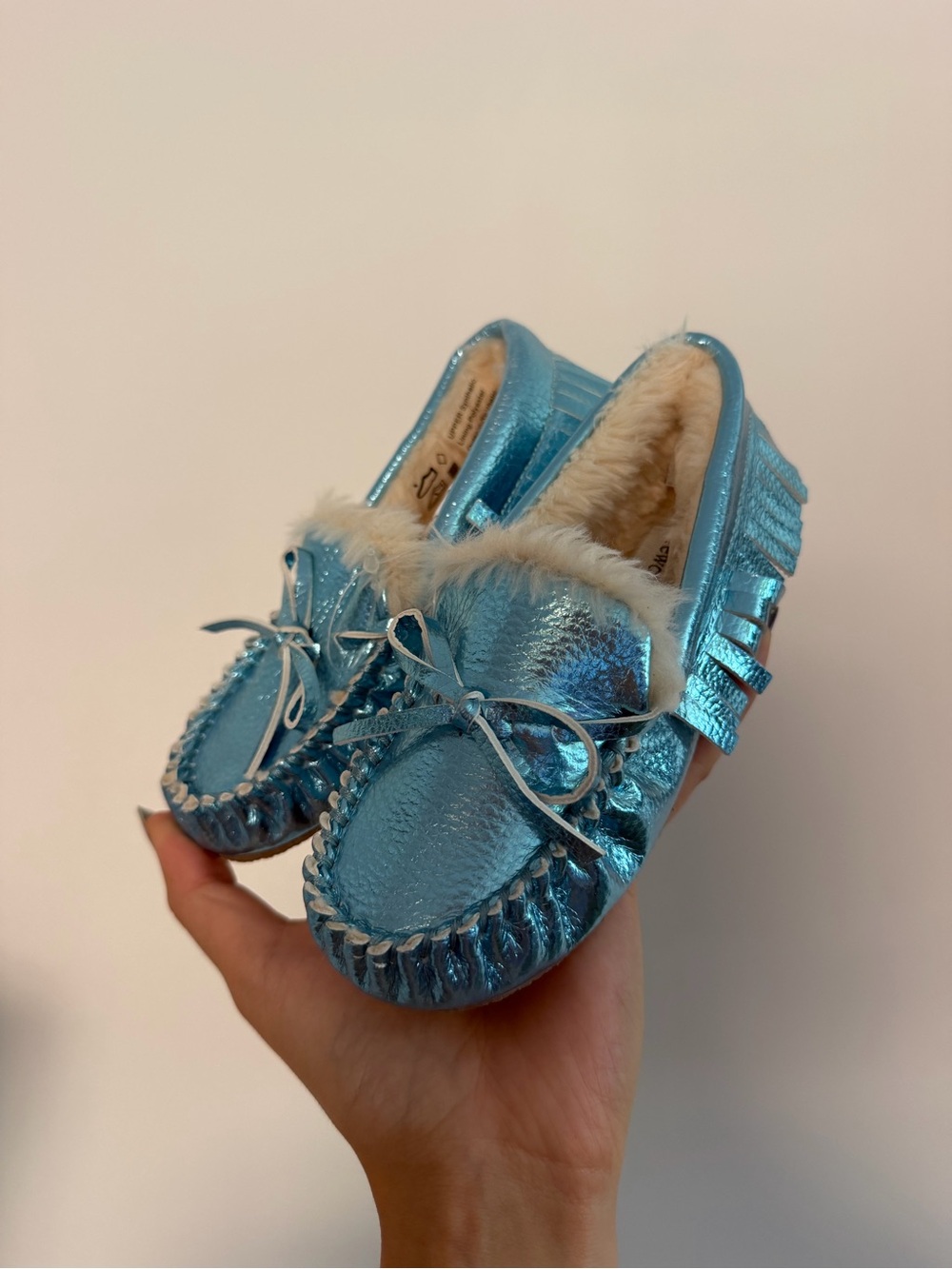 J Crew Crewcuts Kids Mocassin Aqua Blue Faux Fur Lining K11